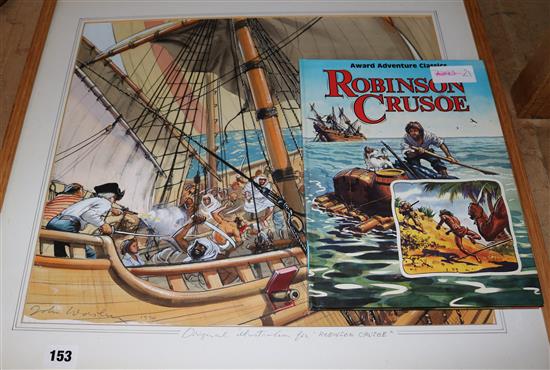 John Worsley(1919-2000), w/c Original illustration for Robinson Crusoe, and signed copy of book(-)